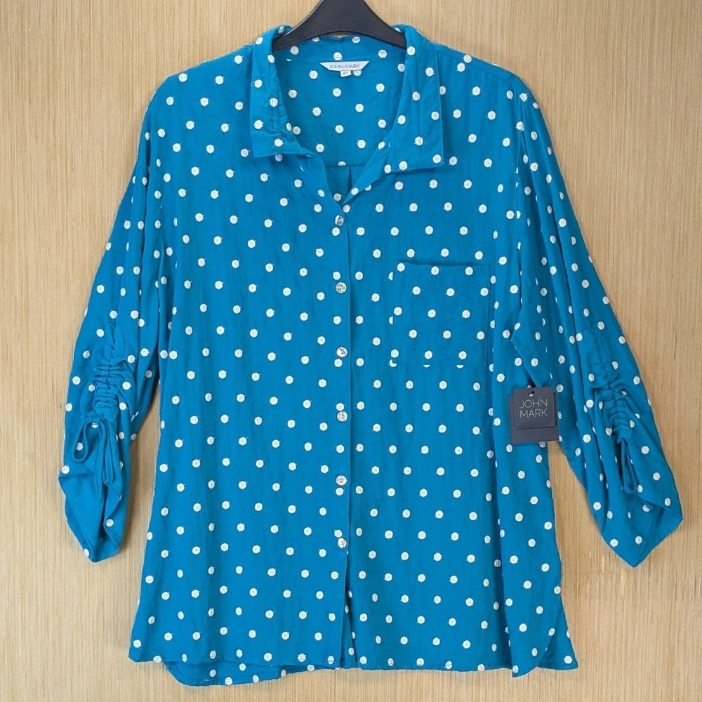 John Mark Polka Dot Embroidered Button Down Shirt 2X Blue Elevated Basic NWT